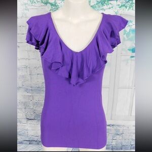 Lauren Ralph Lauren Purple Ruffled V-Neck Cap Sleeve Stretch Knit Top - Size S